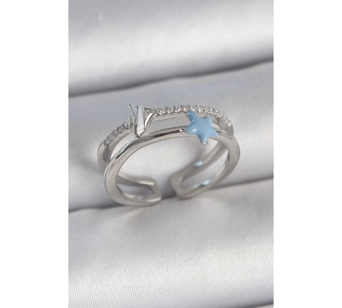 Pirinç Gümüş Renk 2'Li Zirkon Taşlı Mavi Yıldız Figür Ayarlanabilir Kadın Yüzük