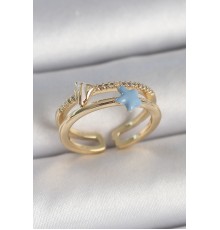 Pirinç Gold Renk 2'Li Zirkon Taşlı Mavi Yıldız Figür Ayarlanabilir Kadın Yüzük
