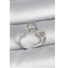 Pirinç Gümüş Renk Zirkon Taşlı Deniz Kabuğu Model Ayarlanabilir Kadın Yüzük