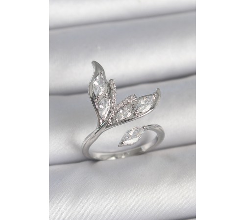 Pirinç Gümüş Renk Zirkon Taşlı Balık Kuyruğu Model Ayarlanabilir Kadın Yüzük