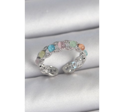 Pirinç Gümüş Renk Renkli Mineli Ayarlanabilir Kadın Yüzük