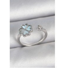 Pirinç Gümüş Renk Mavi Mineli Yonca Model Zirkon Taş Detay Ayarlanabilir Kadın Yüzük