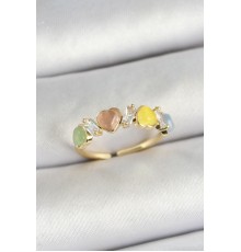 Pirinç Sıralı Kalp Figürlü Zirkon Taşlı Gold Renk Ayarlanabilir Kadın Yüzük