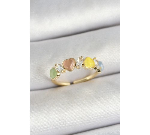 Pirinç Sıralı Kalp Figürlü Zirkon Taşlı Gold Renk Ayarlanabilir Kadın Yüzük