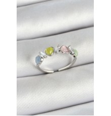 Pirinç Sıralı Kalp Figürlü Zirkon Taşlı Gümüş Renk Ayarlanabilir Kadın Yüzük