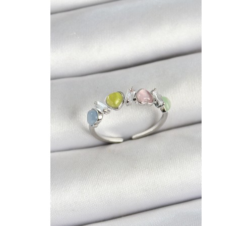 Pirinç Sıralı Kalp Figürlü Zirkon Taşlı Gümüş Renk Ayarlanabilir Kadın Yüzük