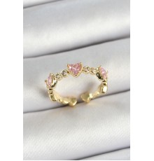 Pirinç Sıralı Kalp Figürlü Zirkon Taşlı Gold Renk Ayarlanabilir Kadın Yüzük