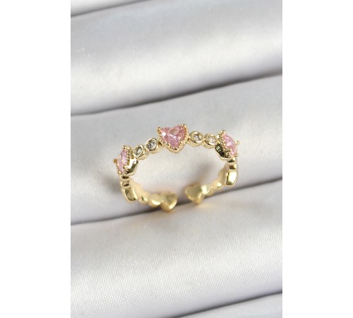 Pirinç Sıralı Kalp Figürlü Zirkon Taşlı Gold Renk Ayarlanabilir Kadın Yüzük