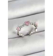 Pirinç Sıralı Kalp Figürlü Zirkon Taşlı Gümüş Renk Ayarlanabilir Kadın Yüzük