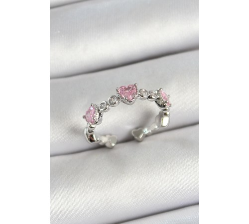 Pirinç Sıralı Kalp Figürlü Zirkon Taşlı Gümüş Renk Ayarlanabilir Kadın Yüzük