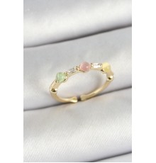 Pirinç Sıralı Boncuk Figürlü Zirkon Taşlı Gold Renk Ayarlanabilir Kadın Yüzük
