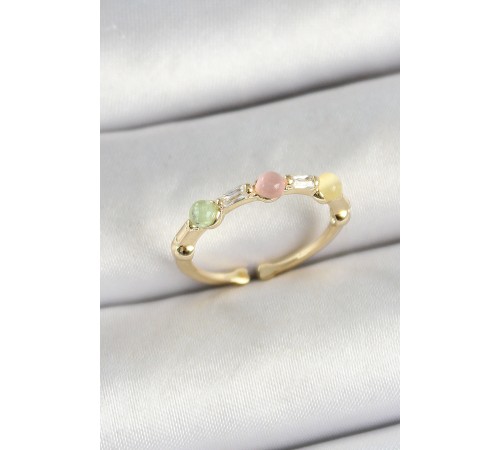 Pirinç Sıralı Boncuk Figürlü Zirkon Taşlı Gold Renk Ayarlanabilir Kadın Yüzük