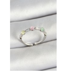 Pirinç Sıralı Boncuk Figürlü Zirkon Taşlı Gümüş Renk Ayarlanabilir Kadın Yüzük