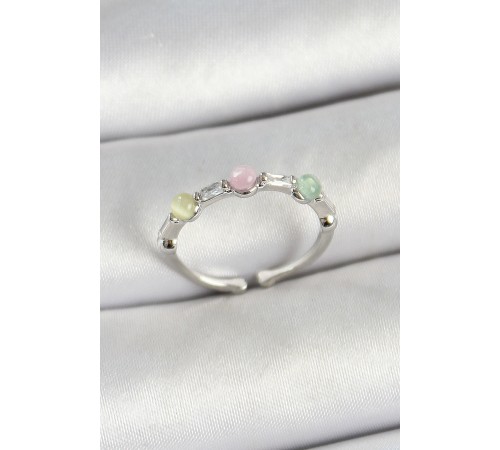 Pirinç Sıralı Boncuk Figürlü Zirkon Taşlı Gümüş Renk Ayarlanabilir Kadın Yüzük