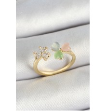 Pirinç Kalp Figürlü Zirkon Taşlı Gold Renk Ayarlanabilir Kadın Yüzük