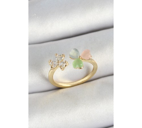 Pirinç Kalp Figürlü Zirkon Taşlı Gold Renk Ayarlanabilir Kadın Yüzük