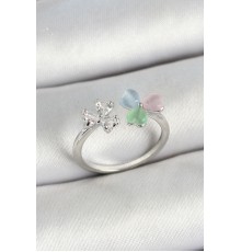 Pirinç Kalp Figürlü Zirkon Taşlı Gümüş Renk Ayarlanabilir Kadın Yüzük