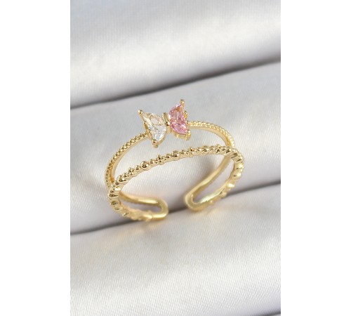 Pirinç Kelebek Figürlü Zirkon Taşlı Gold Renk Ayarlanabilir Kadın Yüzük