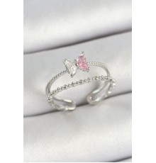 Pirinç Kelebek Figürlü Zirkon Taşlı Gümüş Renk Ayarlanabilir Kadın Yüzük