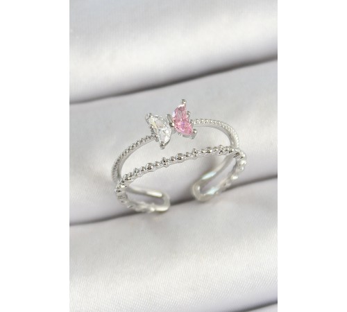 Pirinç Kelebek Figürlü Zirkon Taşlı Gümüş Renk Ayarlanabilir Kadın Yüzük