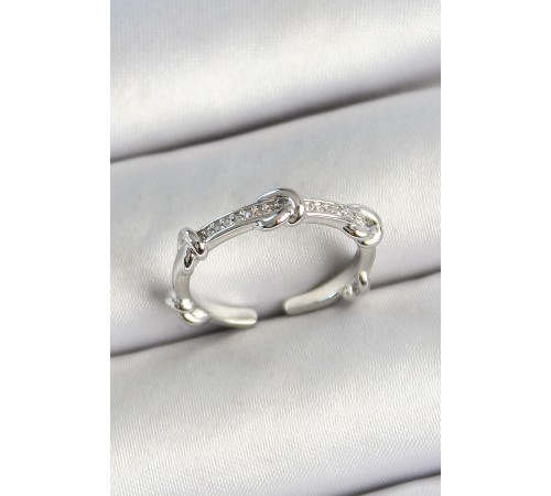 Pirinç Düğüm Figürlü Zirkon Taşlı Gümüş Renk Ayarlanabilir Kadın Yüzük