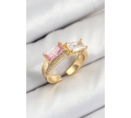 Pirinç Zirkon Taşlı Dikdörtgen Model Gold Renk Kadın Yüzük