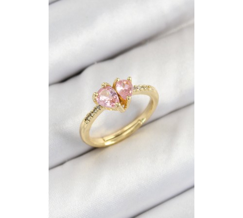 Pirinç Zirkon Taşlı Pembe Kalp Model Gold Renk Kadın Yüzük