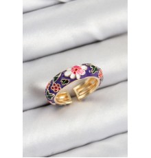 Pirinç Mor Mineli Çiçek Motifli Gold Renk Ayarlanabilir Kadın Yüzük