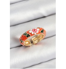 Pirinç Turuncu Mineli Çiçek Motifli Gold Renk Ayarlanabilir Kadın Yüzük