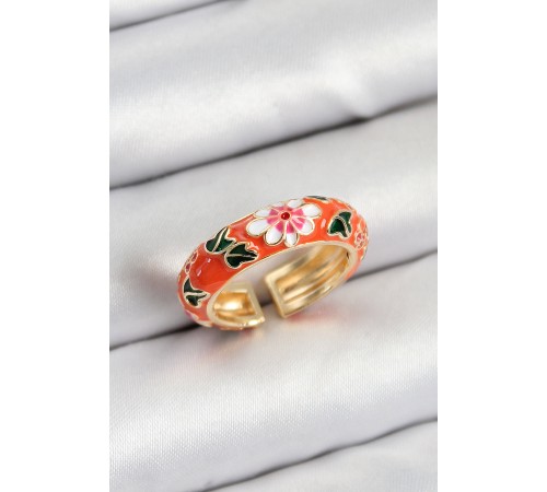 Pirinç Turuncu Mineli Çiçek Motifli Gold Renk Ayarlanabilir Kadın Yüzük