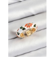 Pirinç Beyaz Mineli Çiçek Motifli Gold Renk Ayarlanabilir Kadın Yüzük