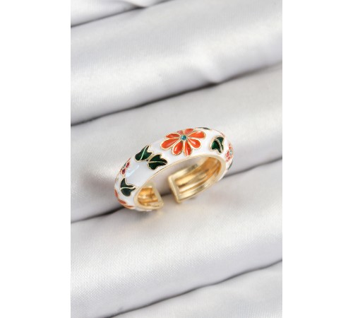 Pirinç Beyaz Mineli Çiçek Motifli Gold Renk Ayarlanabilir Kadın Yüzük