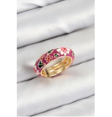 Pirinç Fuşya Mineli Çiçek Motifli Gold Renk Ayarlanabilir Kadın Yüzük