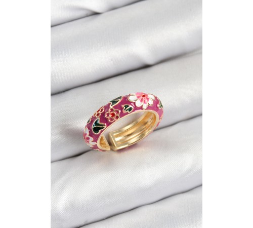 Pirinç Fuşya Mineli Çiçek Motifli Gold Renk Ayarlanabilir Kadın Yüzük