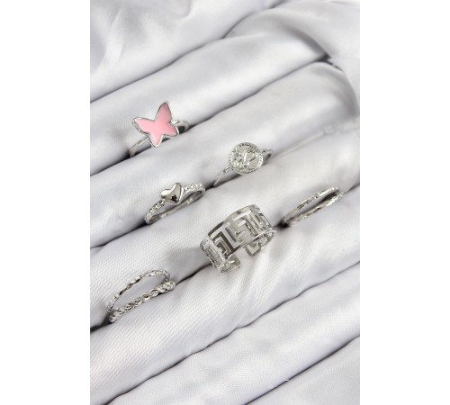 Pirinç Kelebek Ve Kalp Model Gümüş Renk Kadın Yüzük Kombin Set