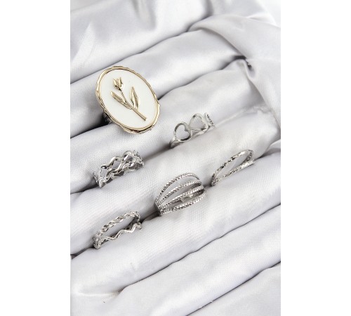 Pirinç Zirkon Taşlı Lale Model Gümüş Renk Kadın Yüzük Kombin Set