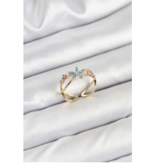 Pirinç Gold Renk Zirkon Taşlı Mavi Çiçekli Kadın Yüzük