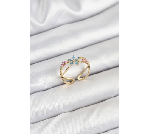 Pirinç Gold Renk Zirkon Taşlı Mavi Çiçekli Kadın Yüzük