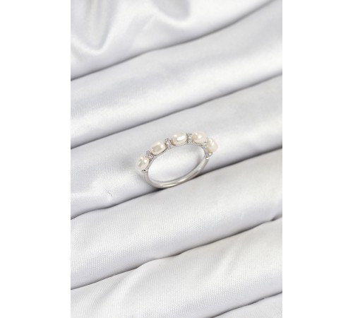 Pirinç Gümüş Renk Sıralı İncili Kadın Yüzük