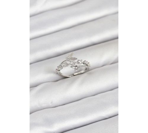 Pirinç Gümüş Renk Zirkon Taşlı Kelebek Model Kadın Yüzük