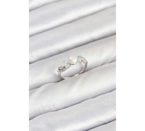 Pirinç Gümüş Renk Zirkon Taşlı İncili Model Kadın Yüzük