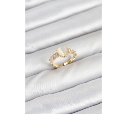 Pirinç Gold Renk Zirkon Taşlı Kalpli Kadın Yüzük