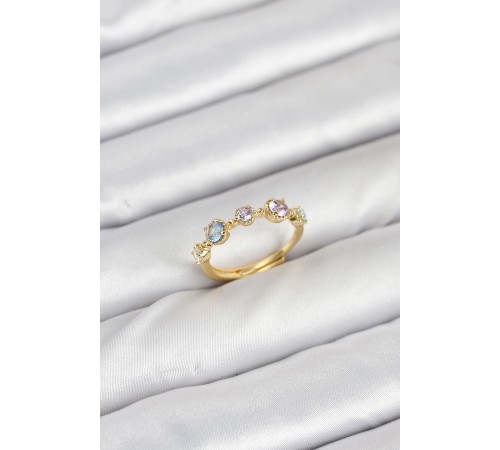Pirinç Gold Renk Renkli Zirkon Taşlı Kadın Yüzük