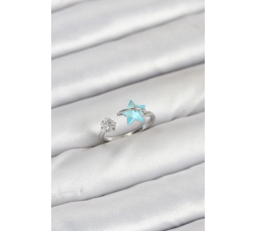 Pirinç Gümüş Renk Mavi Yıldızlı Model Kadın Yüzük