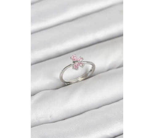 Pirinç Gümüş Renk Pembe Kelebek Kadın Yüzük