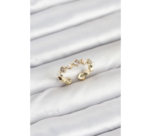 Pirinç Gold Renk Zirkon Taşlı İncili Kadın Yüzük