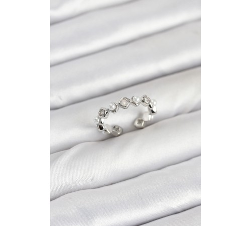 Pirinç Gümüş Renk Zirkon Taşlı İncili Kadın Yüzük