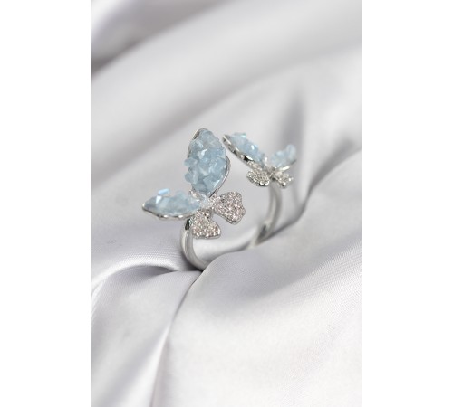 Gümüş Renk Mavi Kelebek Model Zirkon Taşlı Kadın Yüzük