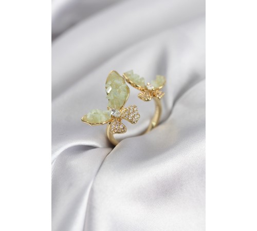 Gold Renk Su Yeşili Kelebek Model Zirkon Taşlı Kadın Yüzük