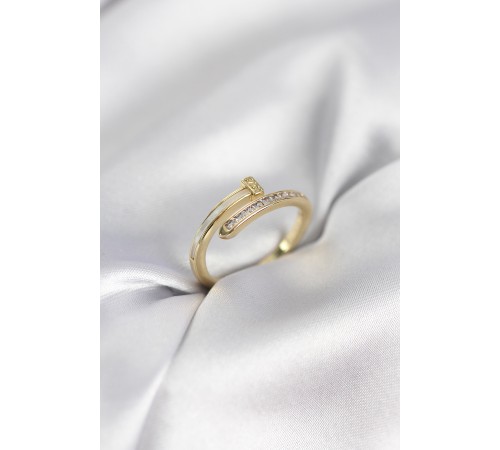 Zirkon Taşlı Gold Renk Yassı Çivi Model Kadın Yüzük